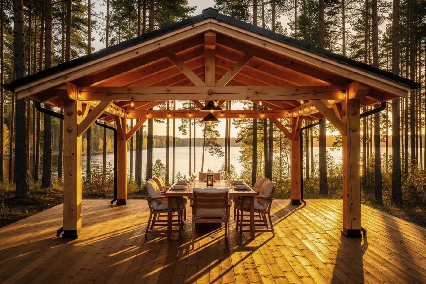 Timber Frame терраса 40 м² в Репино — открытый каркас из клеёного бруса GL24h, лиственница, вид на Финский залив