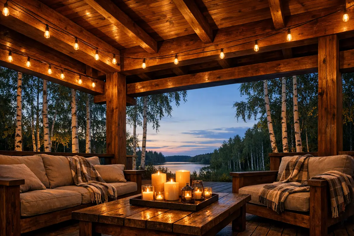 timber frame терраса интерьер — уютный вечер с гирляндами и берёзами