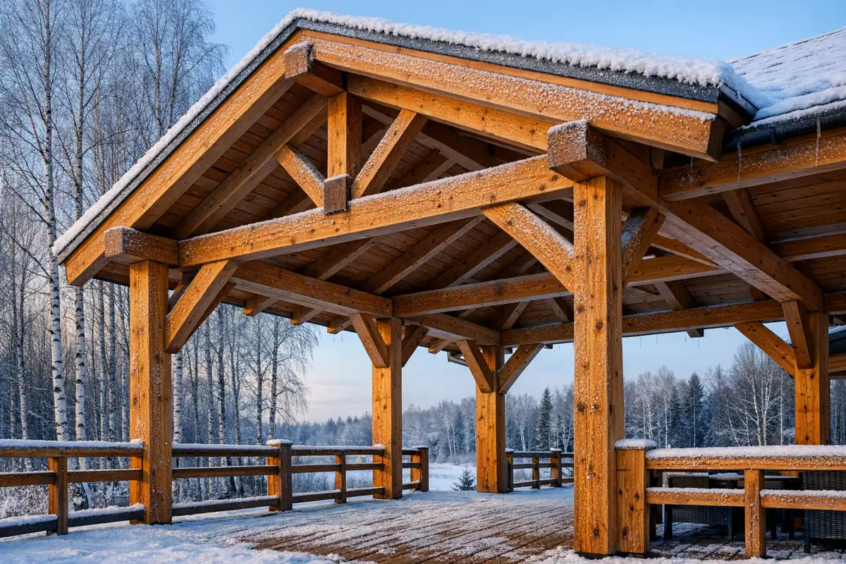 климат Петербурга дерево — timber frame терраса зимой, каркас стоит в снегу