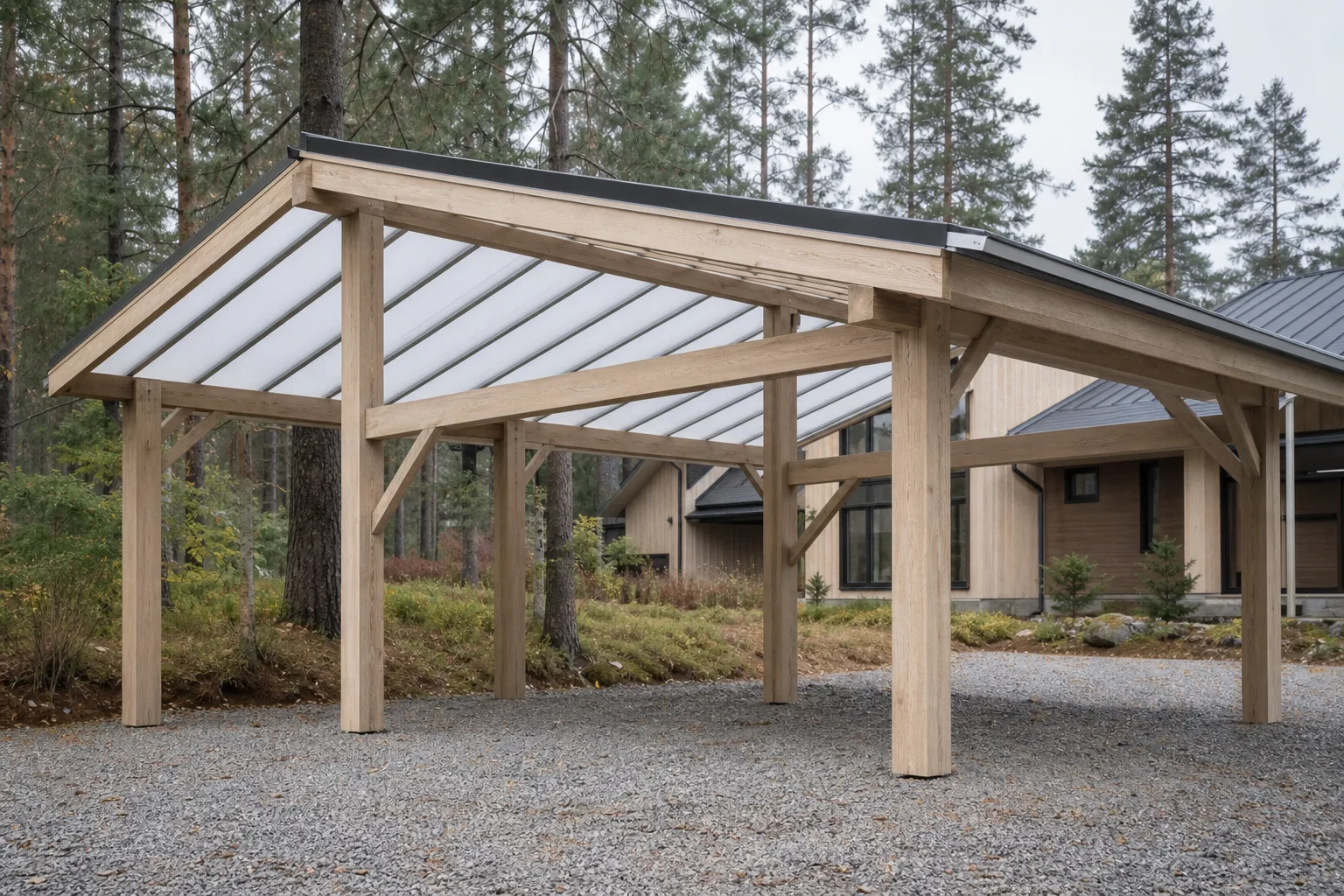 Деревянный навес на две машины — Timber Frame, вид с участка
