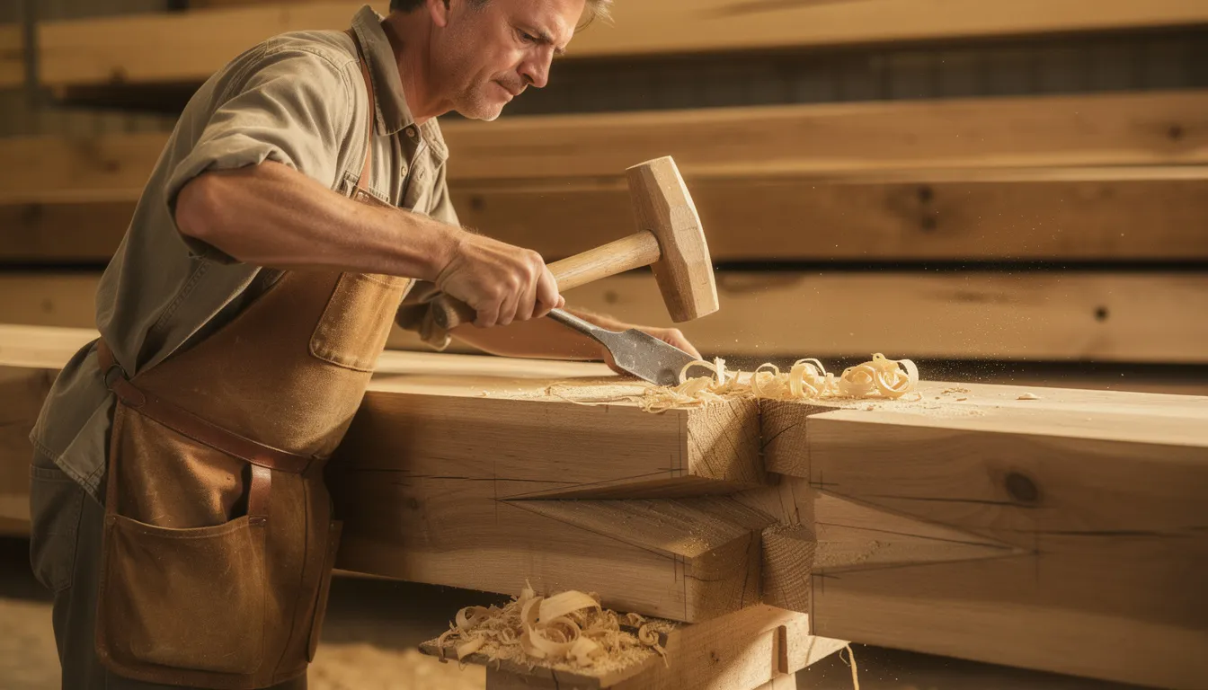 Плотницкие работы timber frame — мастер запиливает узел «ласточкин хвост»