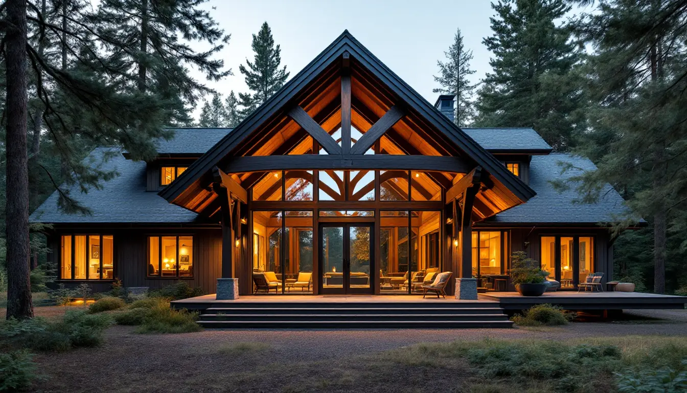 Элегантная веранда Timber Frame в стиле Райта, пристроенная к загородному дому в лесу