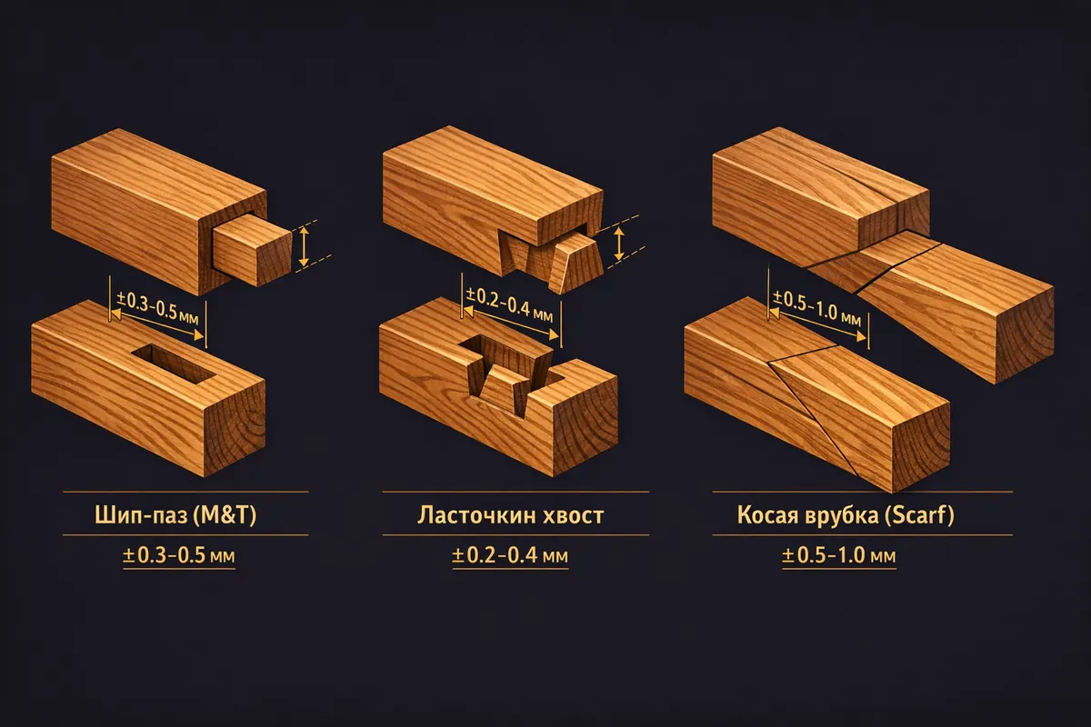 типы соединений timber frame — шип-паз ласточкин хвост врубка допуски