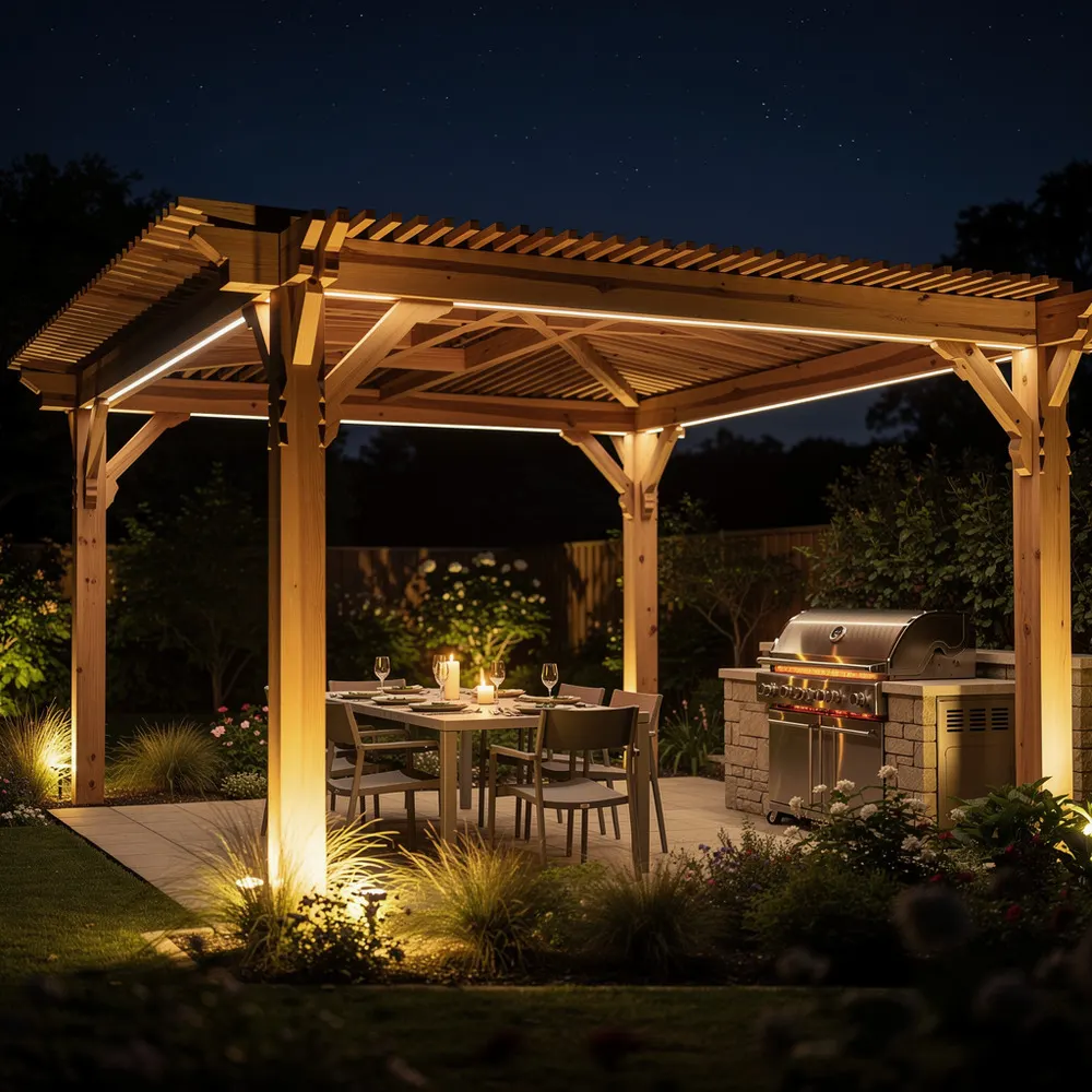 Кедровая пергола для зоны отдыха — 15 м² — LED-освещение подчёркивает текстуру кедра