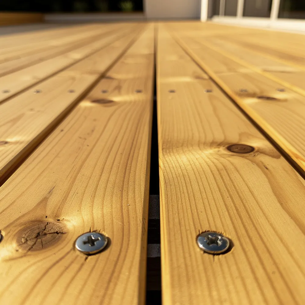 Компактная терраса для загородного дома — 20 м² — Лиственница 28×140: зазор 5 мм, крепёж A4