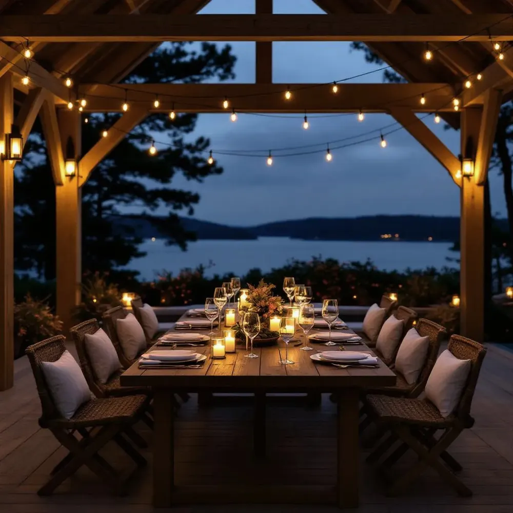 Премиум-терраса с видом на залив — 40 м² — Вечернее освещение подчёркивает геометрию балок